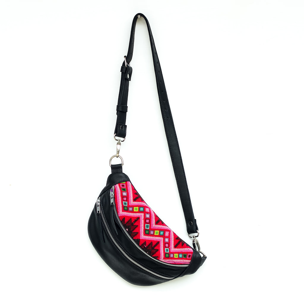 Newly Woven Sling Bag Black - Fuschia