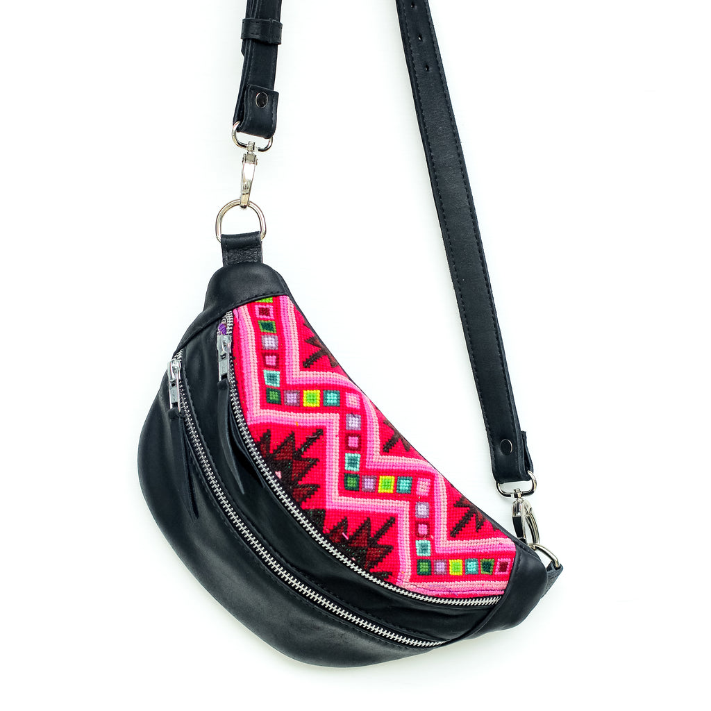 Newly Woven Sling Bag Black - Fuschia