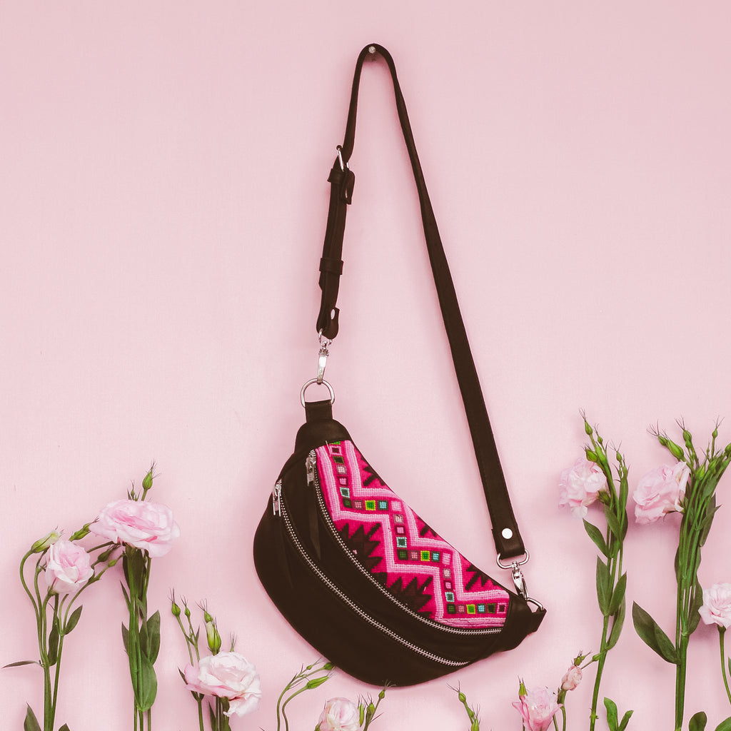 Newly Woven Sling Bag Black - Fuschia