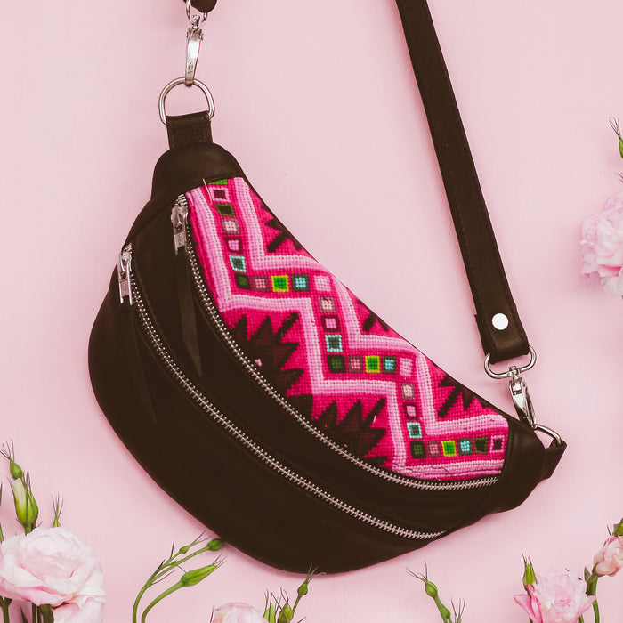 Newly Woven Sling Bag Black - Fuschia