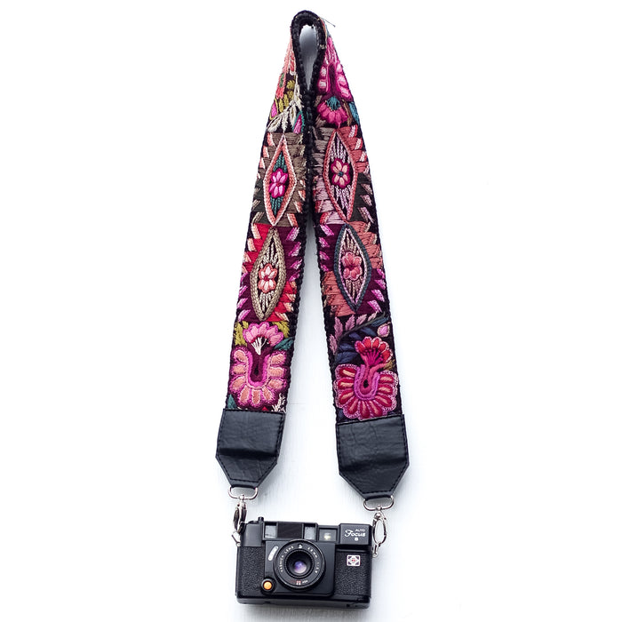 Embroidered Bag Strap Camera Strap Floral Flowers Leather Faja Guatemala