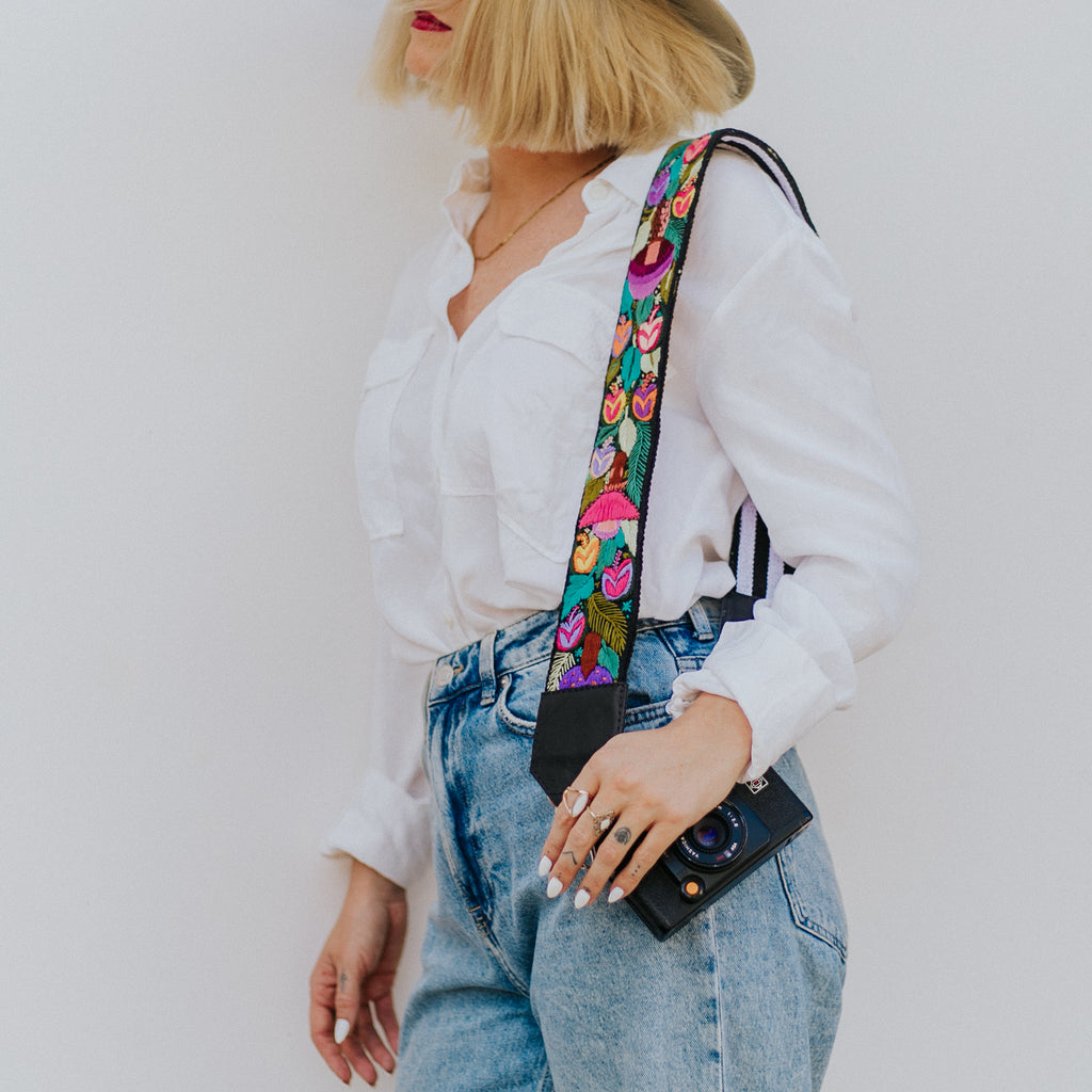 Hiptipico Camera Strap, Colorful Landscape, Hand Woven Straps, Bohemian Camera Strap, Lake Atitlan, Correa De Camara, Ethically Made, Sustainably Sourced, Upcycled, Embroidered Straps